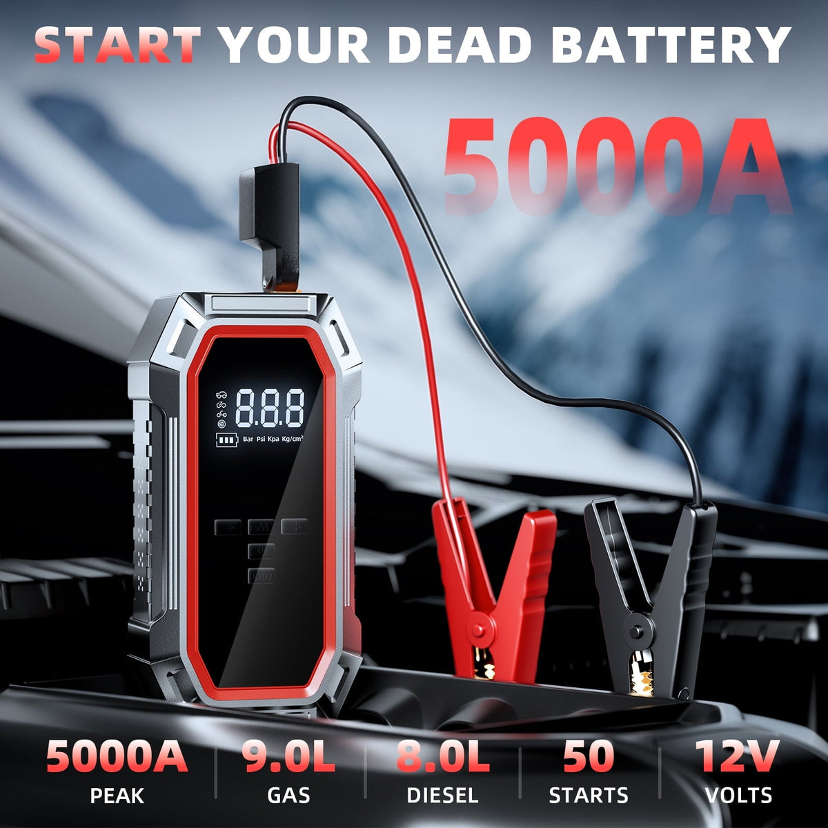 5000A Portable Jump Starter with Air Compressor, 160 PSI Tire Inflator for Cars, Trucks & SUVs, 12V Car Battery Jumper Box with LCD Display, LED
