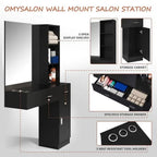 OmySalon Wall Mount Salon Station With Mirror, 1 Storage Cabinet, 2 Drawers And 3-Tier Shelf - Black