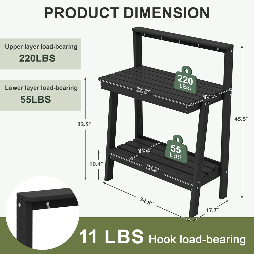 SERWALL Outdoor Potting Bench with Storage & Hooks, 3-Tier Heavy-Duty HDPE Garden Workstation Table, All-Weather Potting Table for Patio & Backyard