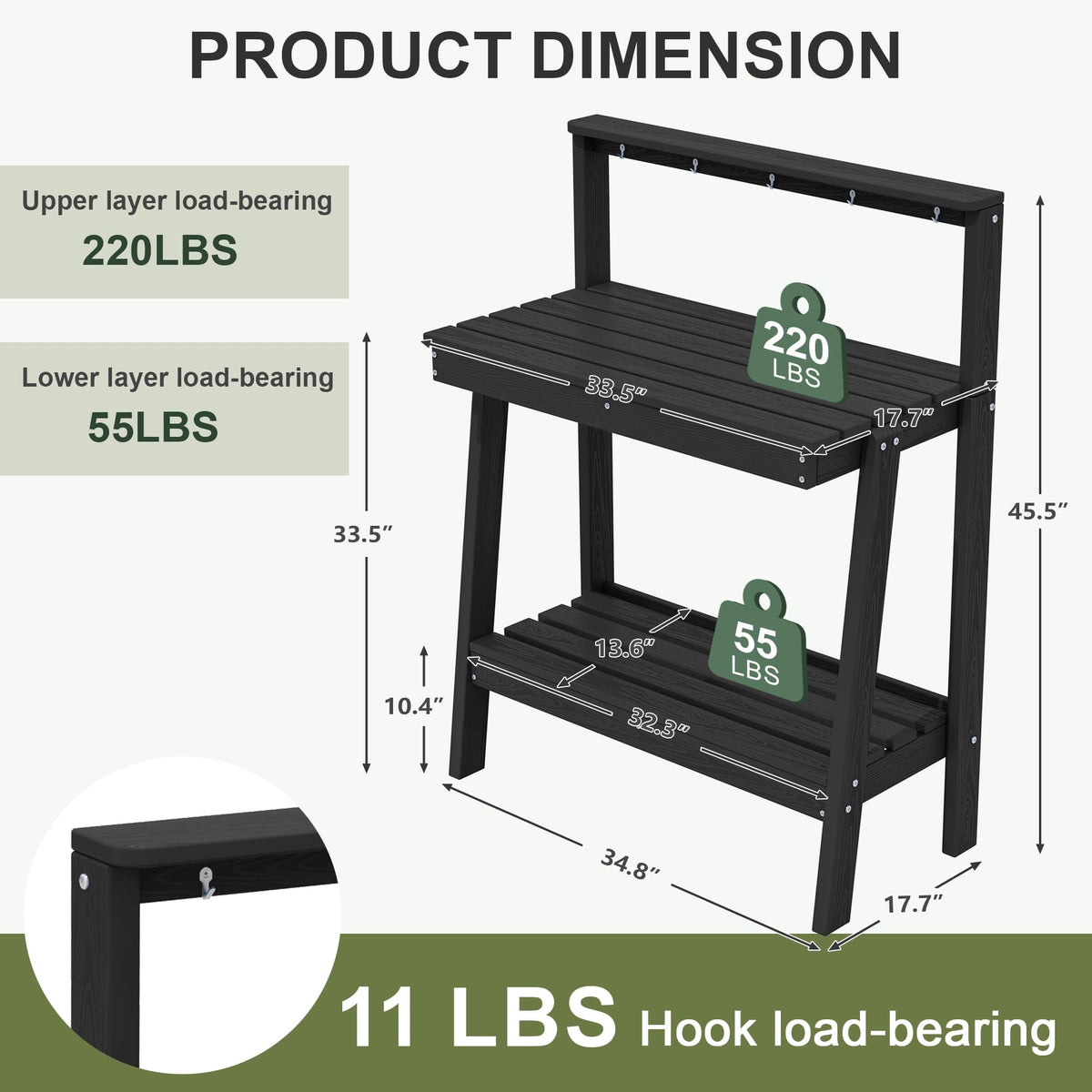 SERWALL Outdoor Potting Bench with Storage & Hooks, 3-Tier Heavy-Duty HDPE Garden Workstation Table, All-Weather Potting Table for Patio & Backyard