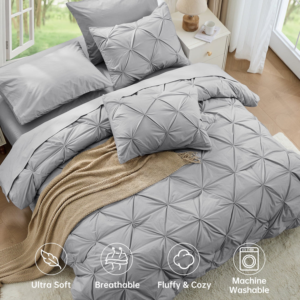 Sasttie Queen Size Comforter Set, 7-Piece Bed in a Bag, Pintuck Bedding Sets for All Season, Light Grey