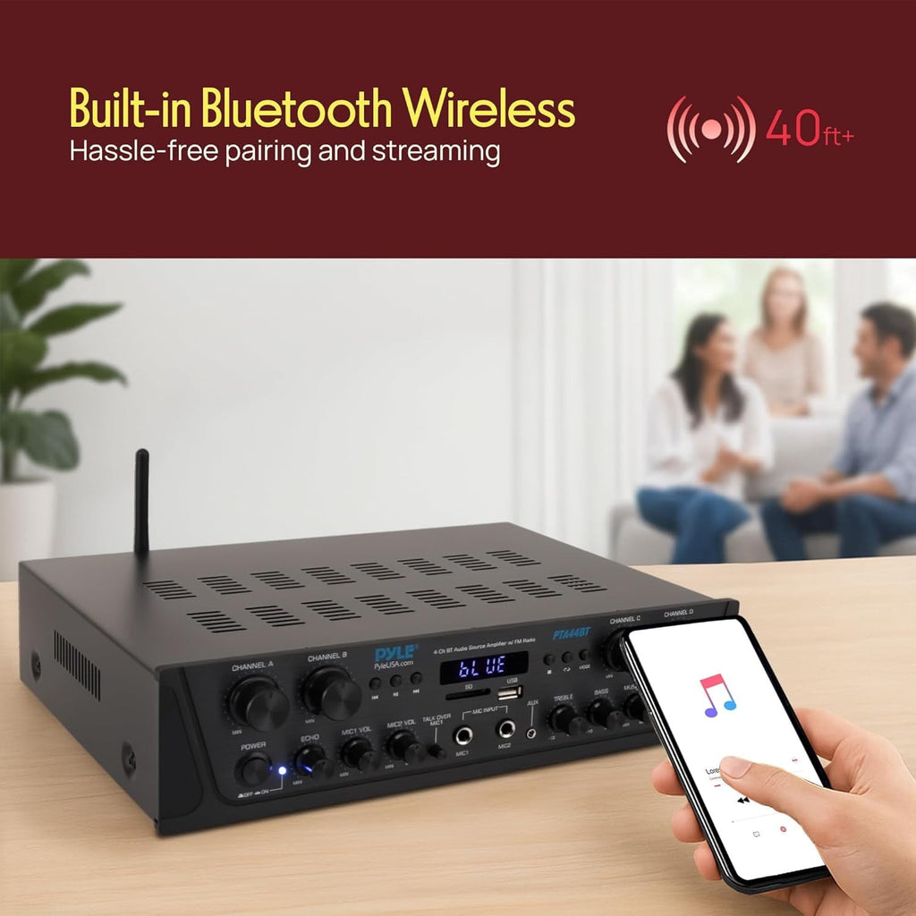 Pyle PTA44BT Bluetooth Home Audio 500 Watt 4 Channel Amplifier Stereo Receiver