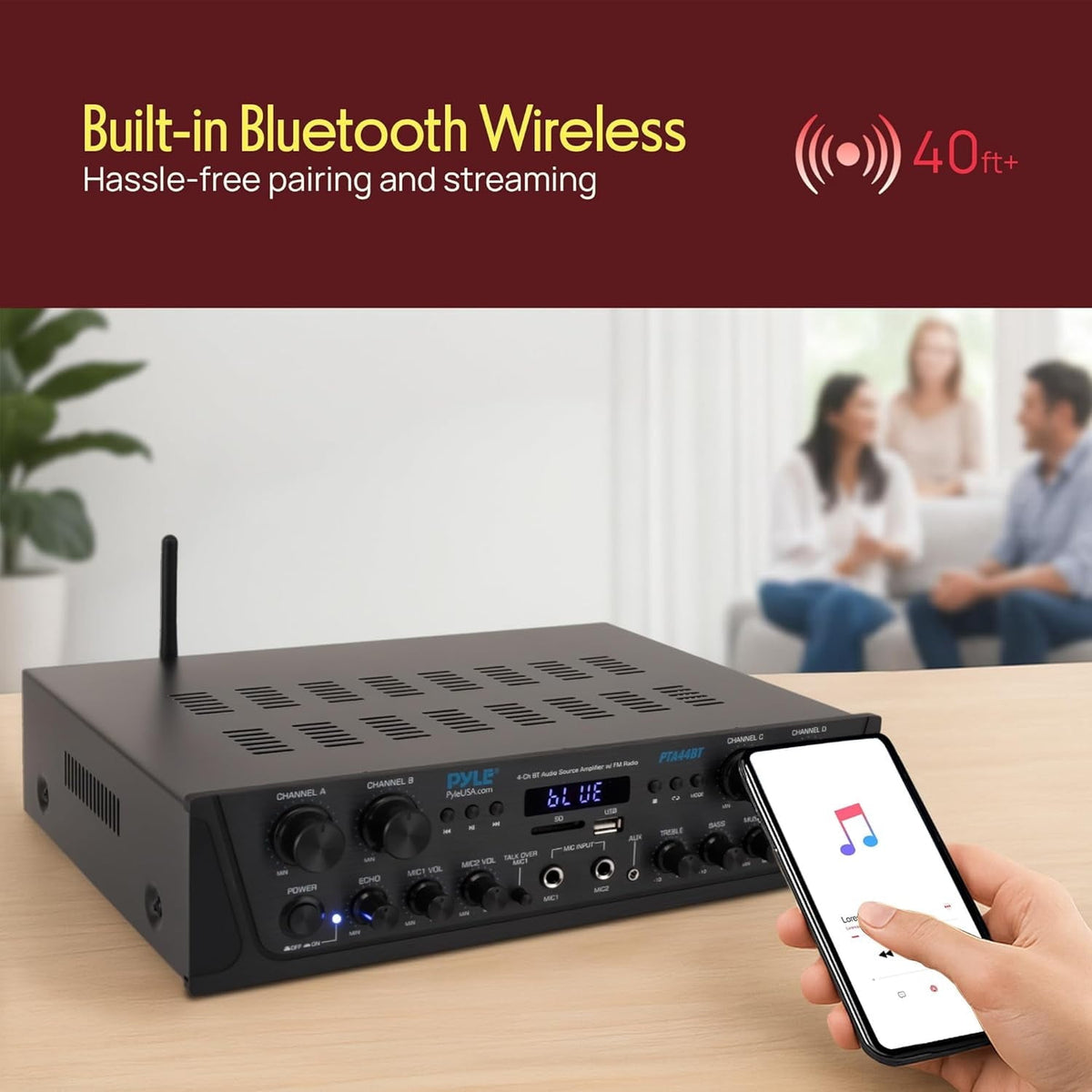 Pyle PTA44BT Bluetooth Home Audio 500 Watt 4 Channel Amplifier Stereo Receiver