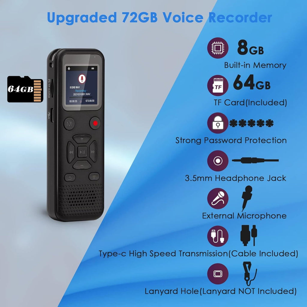 RONY 72GB Digital Voice Activated Recorder: Portable Tape Recorder with Playback Audio Recording Device for Lectures Meetings