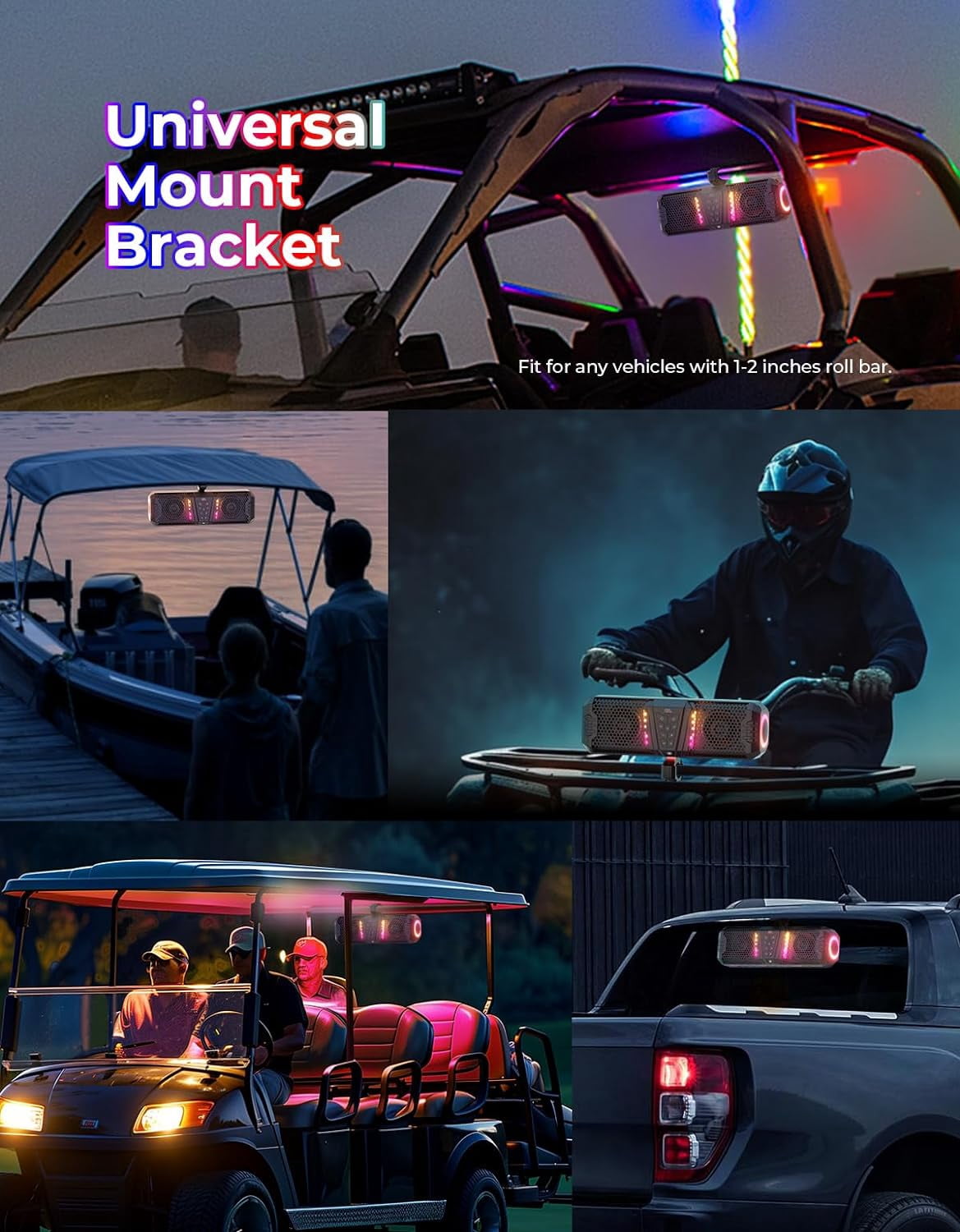 KEMIMOTO Midnight 40 16-inch IP66 Waterproof UTV Sound Bar, Louder RGB 2-Speaker Audio Music Sync Multicolor Light Sound System for UTV ATV Golf Cart