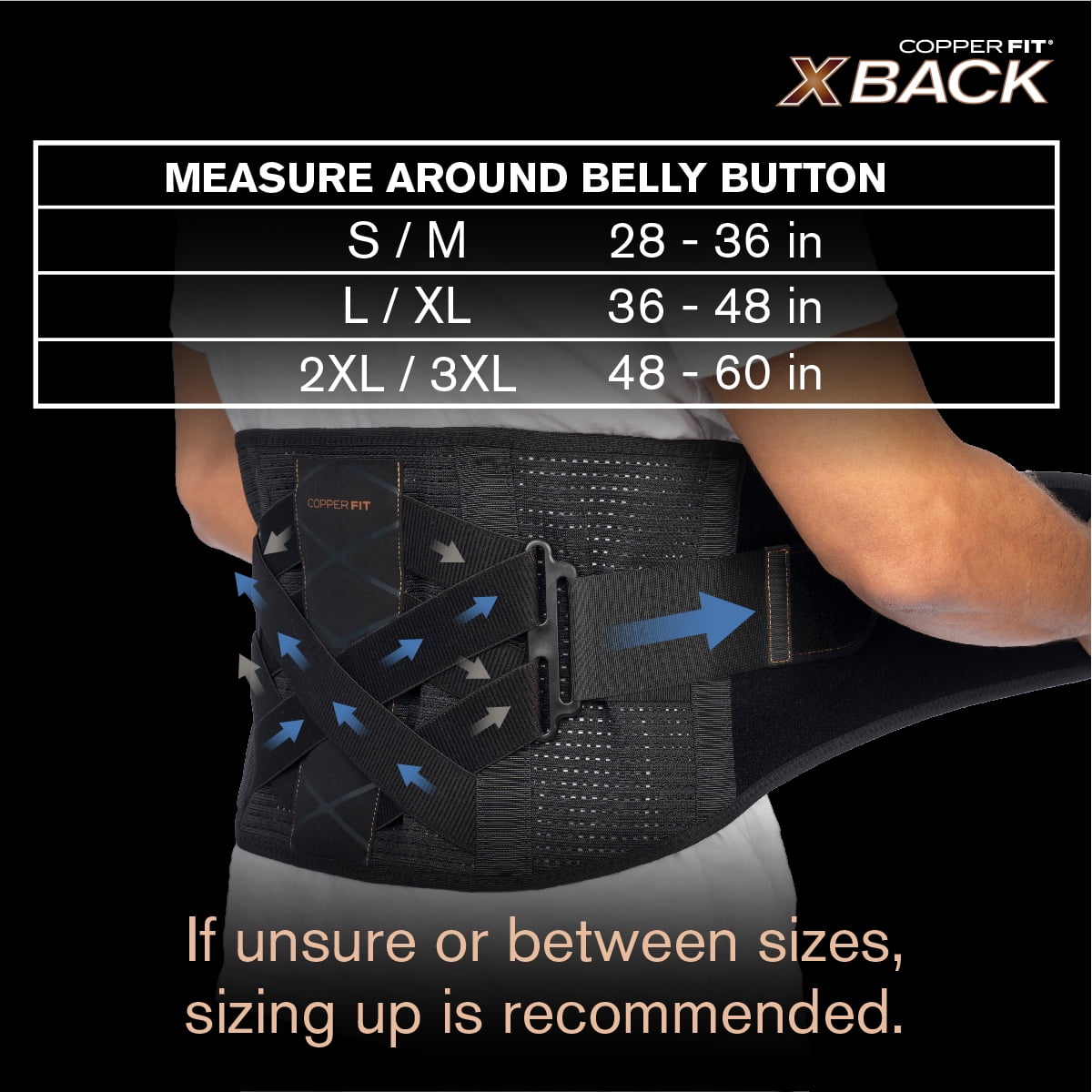 Copper Fit X-Back Brace for Lower Back Pain, Adjustable, Breathable (L/XL) - BLK