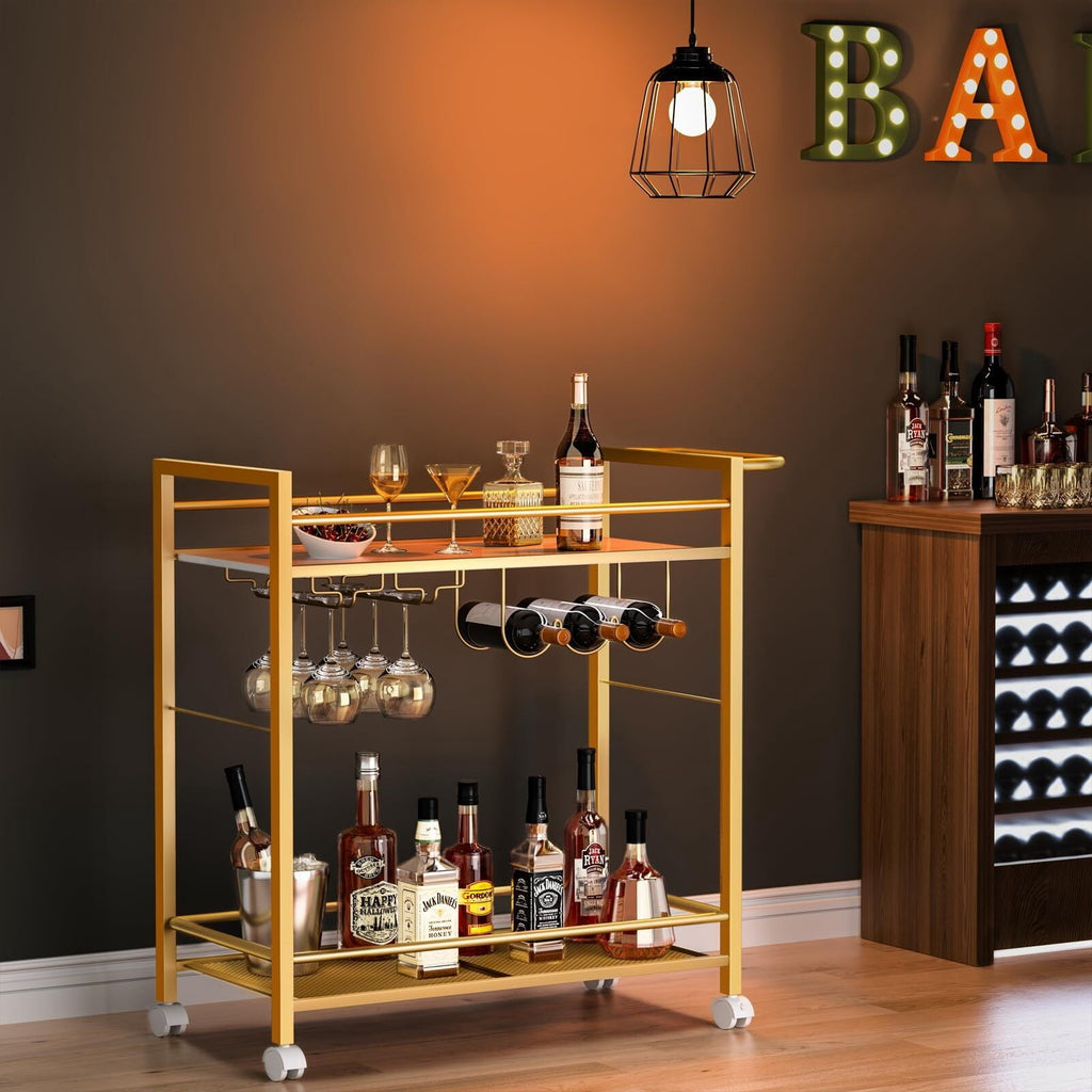 Buildhom 2-Tier Bar Cart with Wheels, Rolling Serving Cart with Wine Rack & Glass Holder for Kitchen, Living Room, Dining Room, Gold