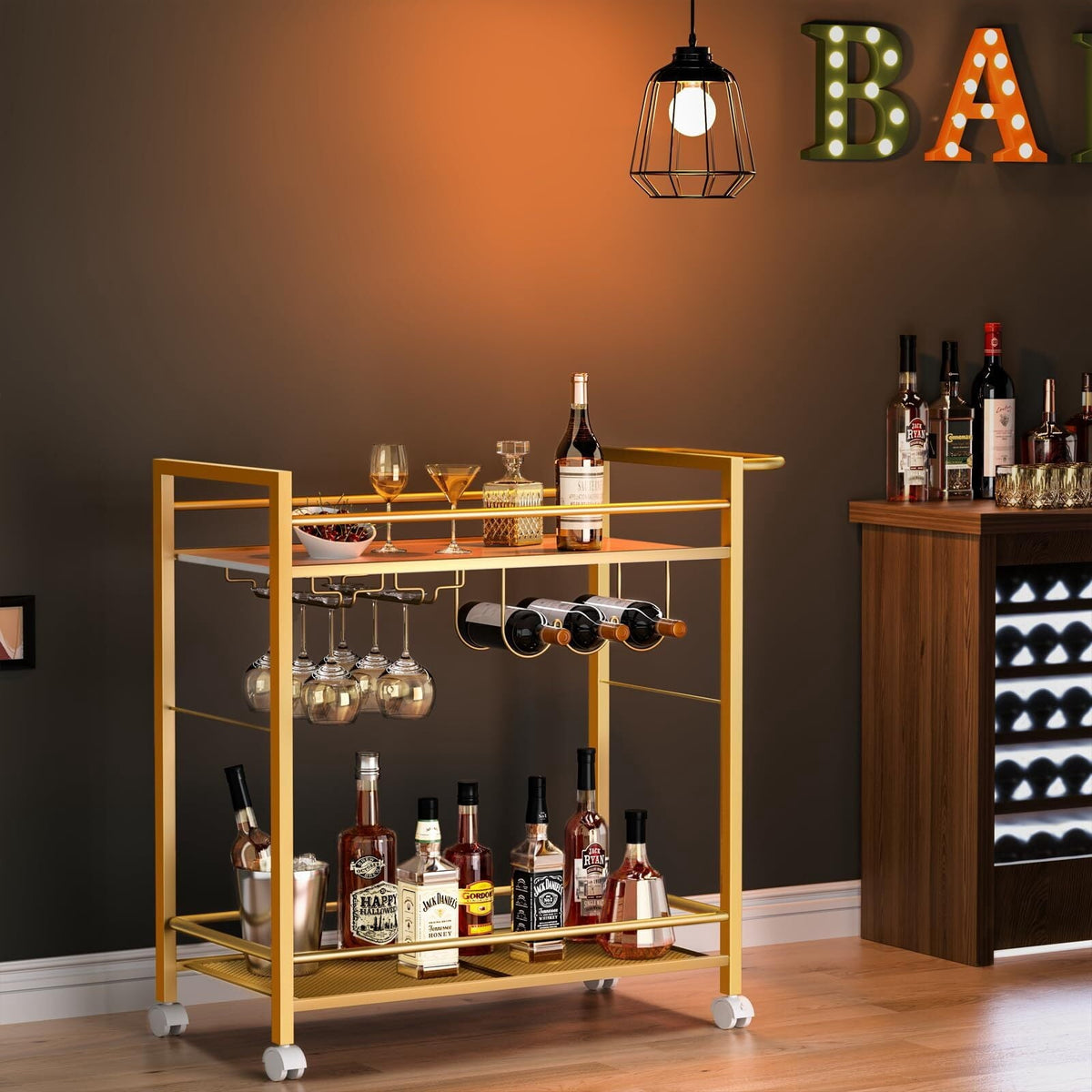 Buildhom 2-Tier Bar Cart with Wheels, Rolling Serving Cart with Wine Rack & Glass Holder for Kitchen, Living Room, Dining Room, Gold