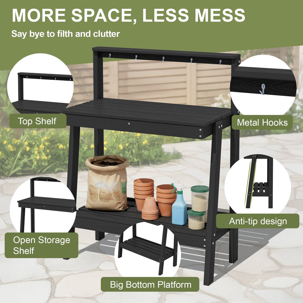 SERWALL Outdoor Potting Bench with Storage & Hooks, 3-Tier Heavy-Duty HDPE Garden Workstation Table, All-Weather Potting Table for Patio & Backyard
