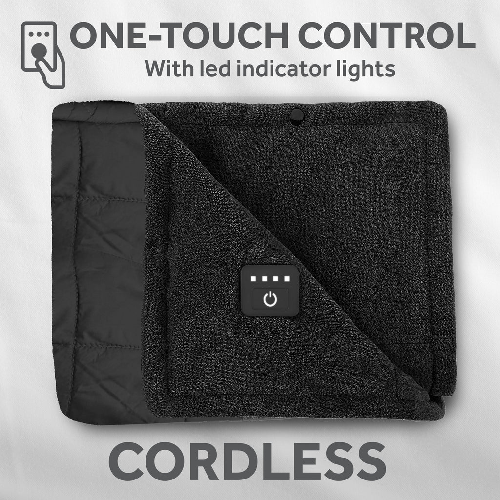 Sunbeam Cordless Rechargeable Heated Electric Wearable Throw Blanket with Hood, Black, 4 Heat Settings, 50 x 66 in