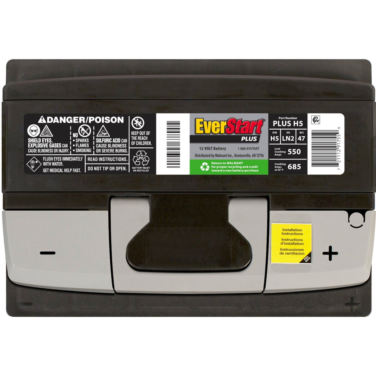 EverStart Plus Lead Acid Automotive Battery, Group Size H5 / LN2 / 47, 12 V, 550 CCA, 100 min RC
