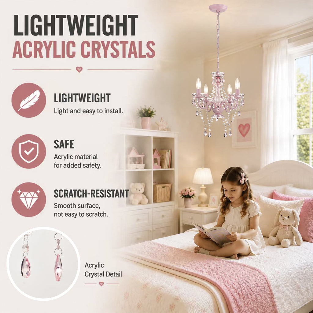 Small Pink Chandelier, 4-Light Acrylic Crystal Ceiling Lights for Girls Bedroom, Nursery, Playroom