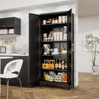 Polup Modern Tall Metal Kitchen Storage Pantry Cabinet, 75" H, Adjustable Shelves, Doors, Black