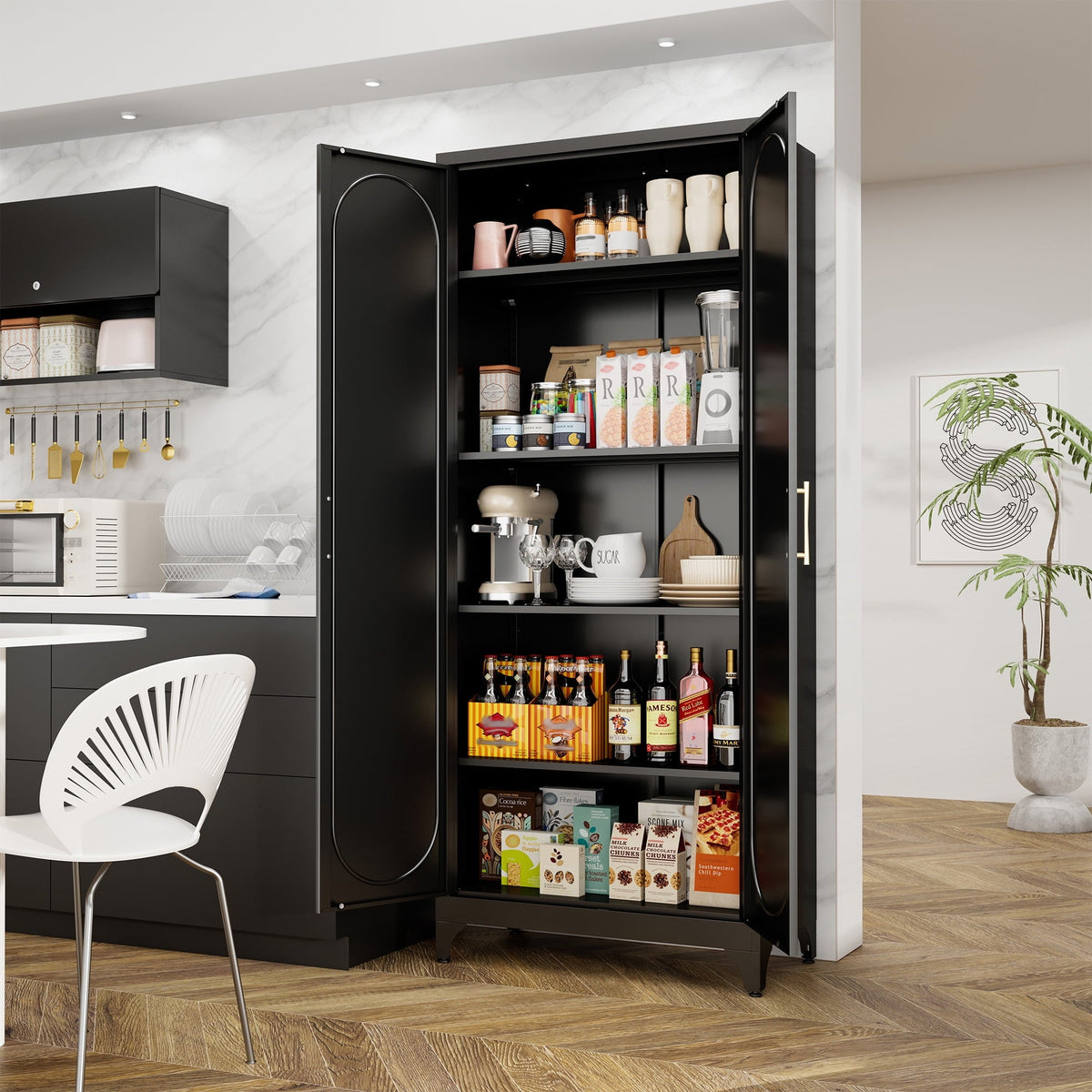 Polup Modern Tall Metal Kitchen Storage Pantry Cabinet, 75" H, Adjustable Shelves, Doors, Black