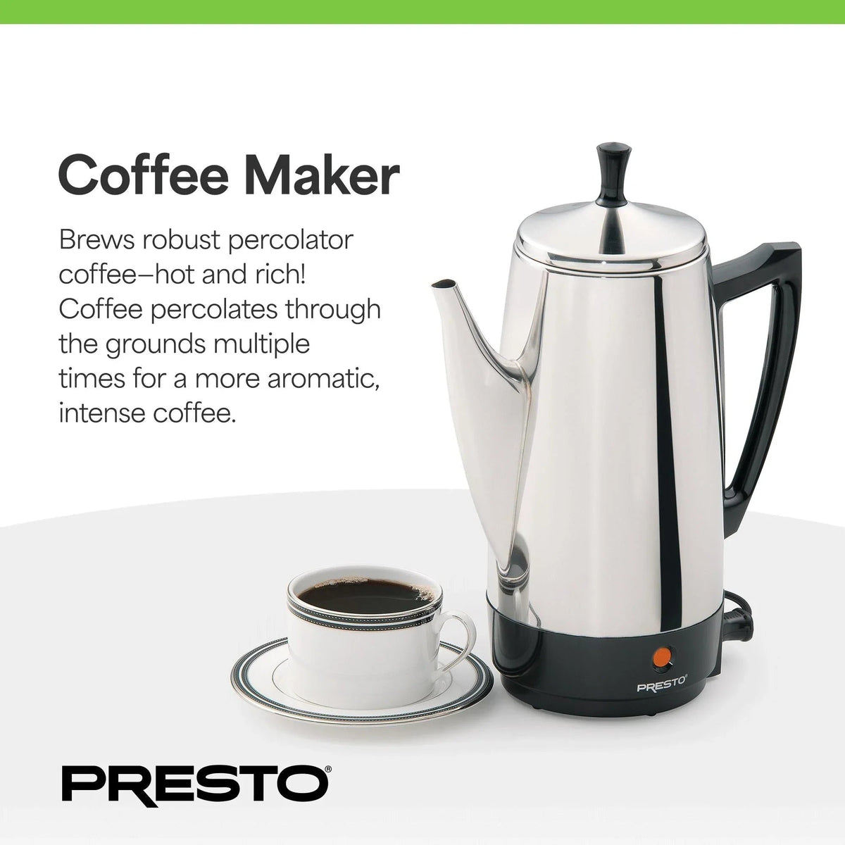 Presto Stainless Steel Percolator Coffee Maker, 2 to 12 Cups, Silver