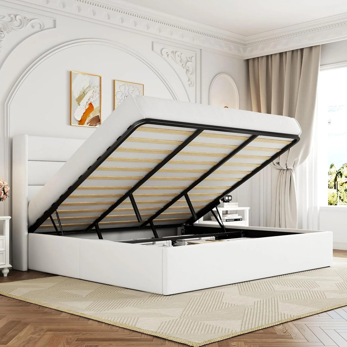 Allewie Queen Lift Up Storage Bed Frame With Wingback Headboard, Light Beige - 80.7 x 60.6 x 44.5 in