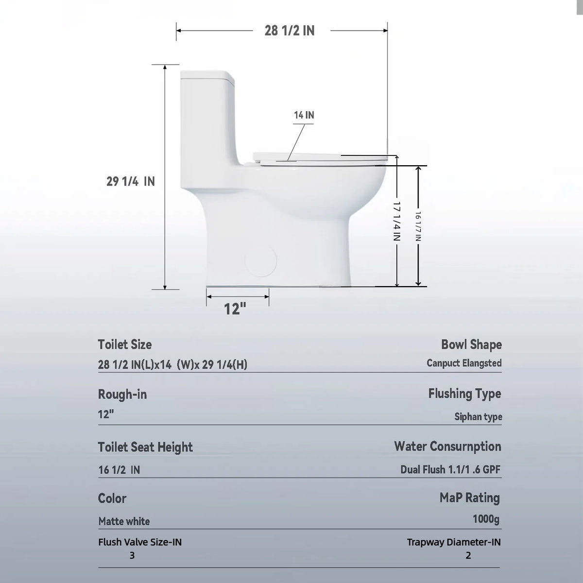 Alvantor One-Piece Toilet, Modern 1.1/1.6 GPF Dual Flush Toilet ADA Height 17" Rimless Bowl with Soft Closing Seat White