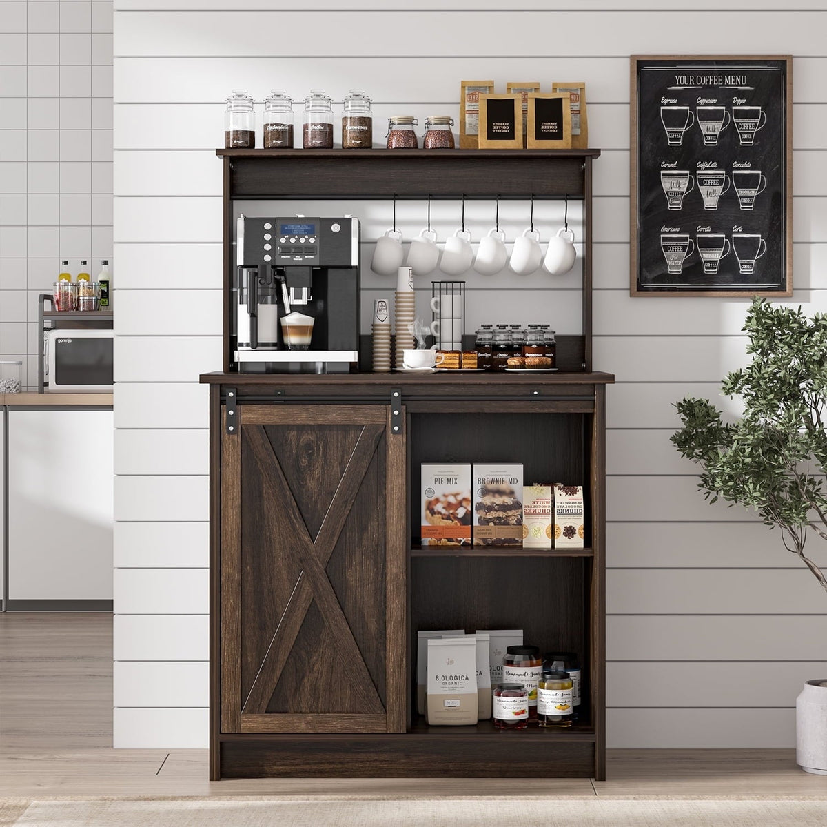 Catrimown Farmhouse Coffee Bar Cabinet, Sideboard Buffet Cabinet with Storage and Shelf, Dark Oak
