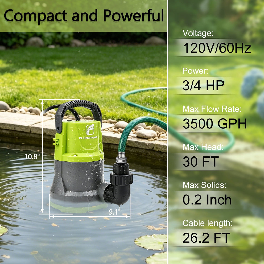 FLUENTPOWER 3/4 HP Submersible Utility Pump, 3500 GPH, Manual Control, 26.4 ft Cord, for Pool and Basement Draining