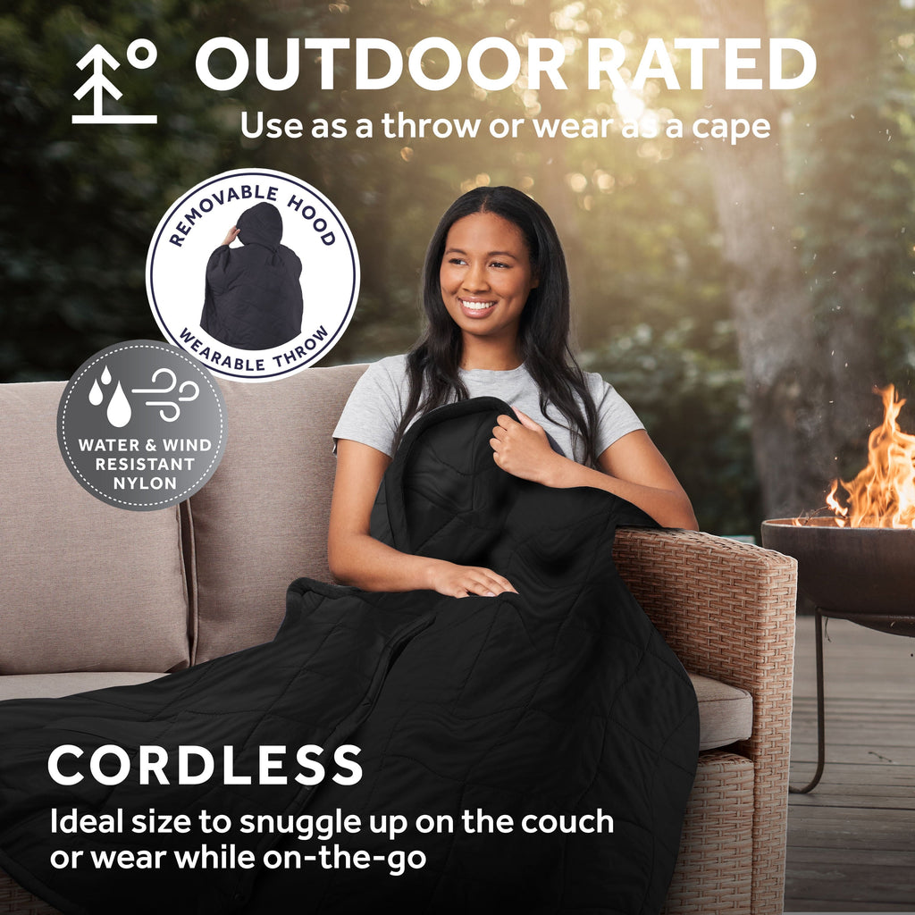 Sunbeam Cordless Rechargeable Heated Electric Wearable Throw Blanket with Hood, Black, 4 Heat Settings, 50 x 66 in