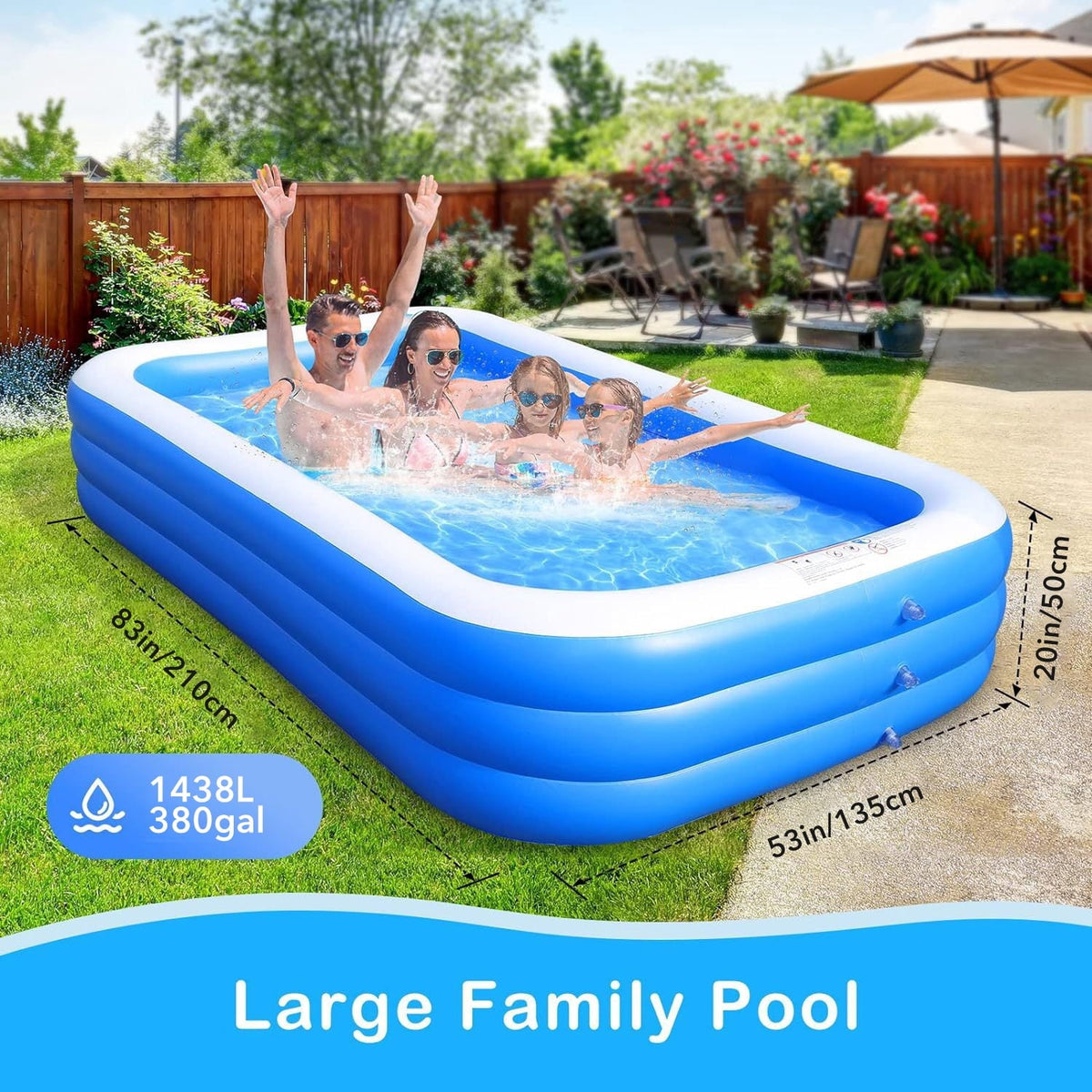 BN-LINK Inflatable Swimming Pool, 83’’ × 53’’ × 20’’ Large & Thickened Family Swimming Pool for Garden, Outdoor, Backyard, Suitable for Adults and