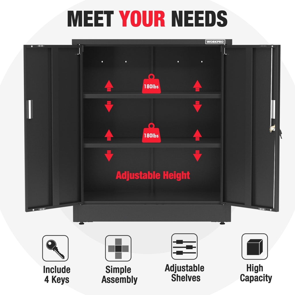WORKPRO 37"x31.5"x15.75" Small Metal Garage Storage Cabinet with Locking Doors and 2 Adjustable Shelves, for Tools, Office, Home, Shops, Black