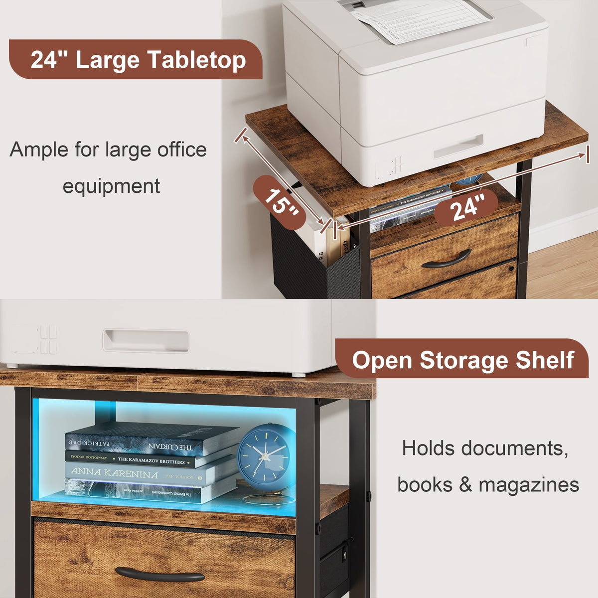 HIGDBFE File Cabinets with 2 Drawers, Rolling Fabric Filing Cabinet with 24'' Large Tabletop, Printer Stand for Home Office, Fits A4/Letter Size