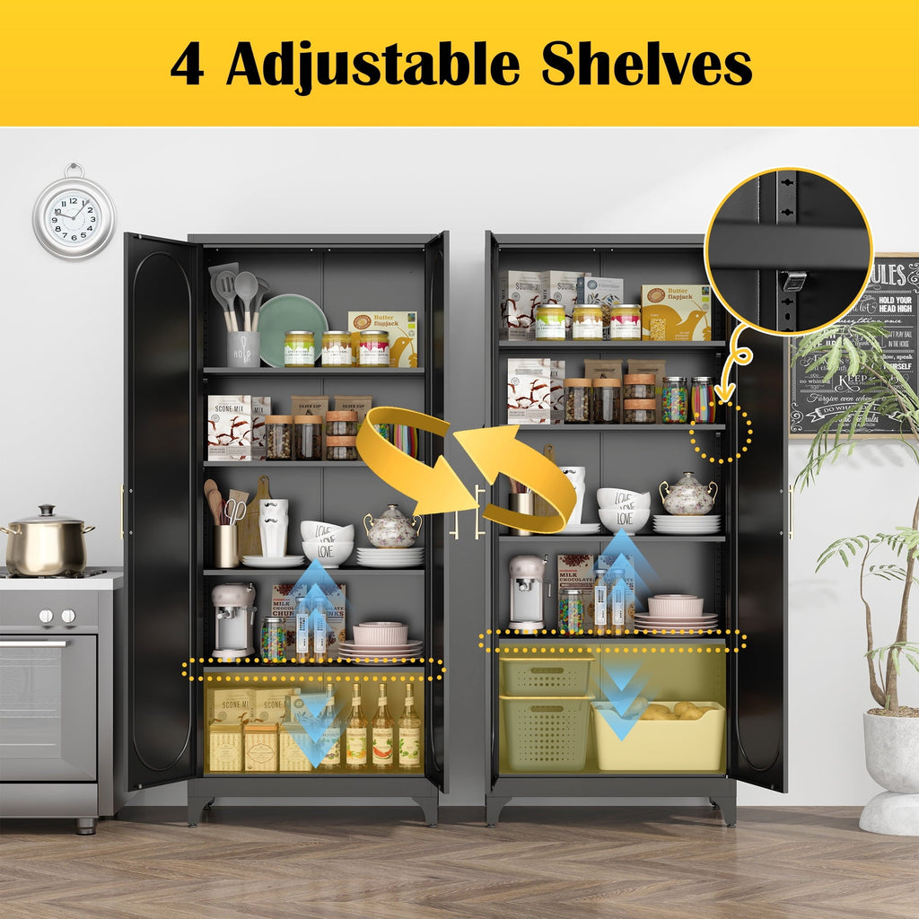 Polup Modern Tall Metal Kitchen Storage Pantry Cabinet, 75" H, Adjustable Shelves, Doors, Black