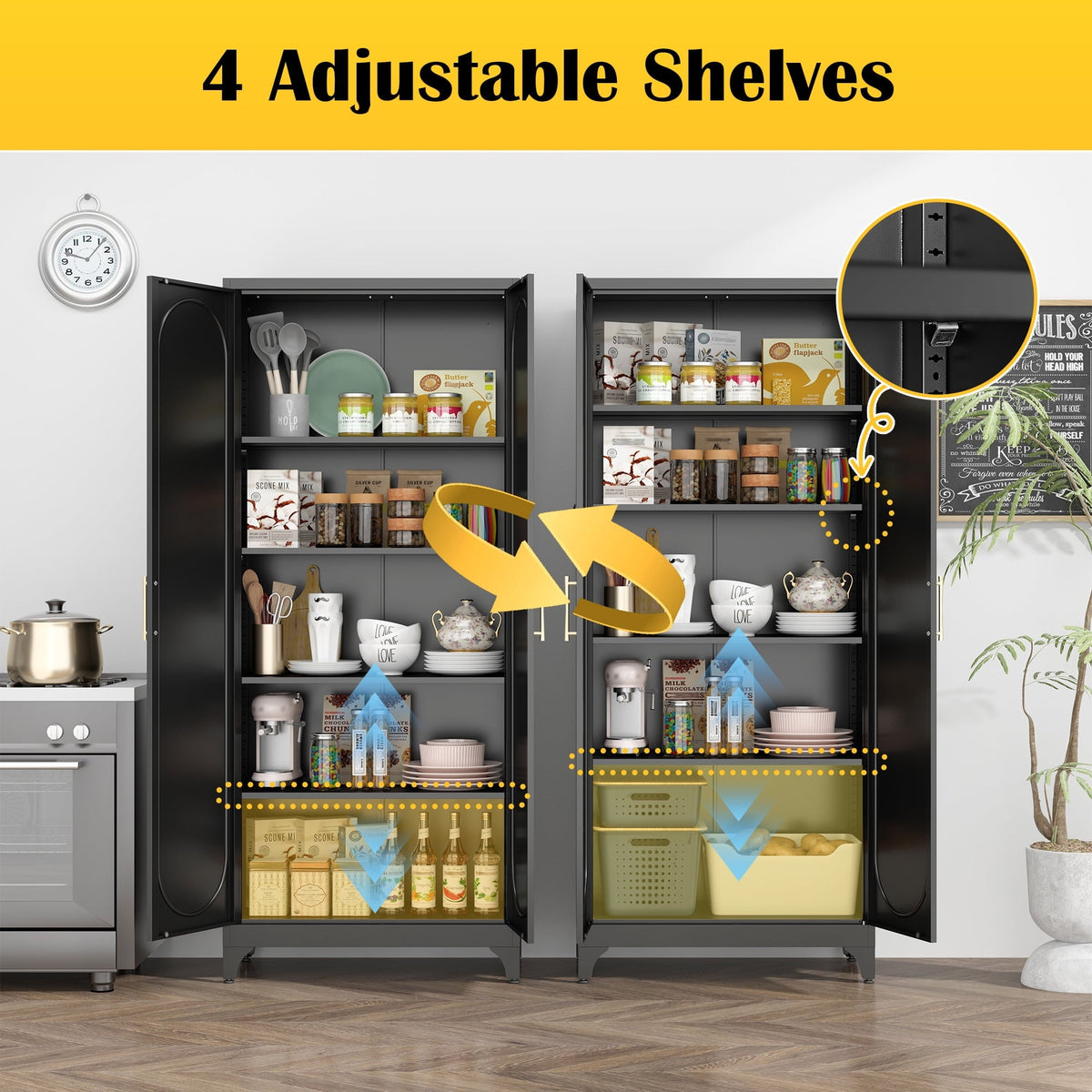 Polup Modern Tall Metal Kitchen Storage Pantry Cabinet, 75" H, Adjustable Shelves, Doors, Black