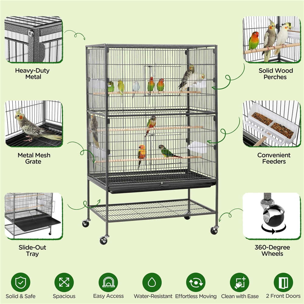 Yaheetech 52"H Metal Rolling Bird Cage with 3 Perches & 4 Feeders & Extra Storage Shelf, Black
