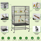 Yaheetech 52"H Metal Rolling Bird Cage with 3 Perches & 4 Feeders & Extra Storage Shelf, Black