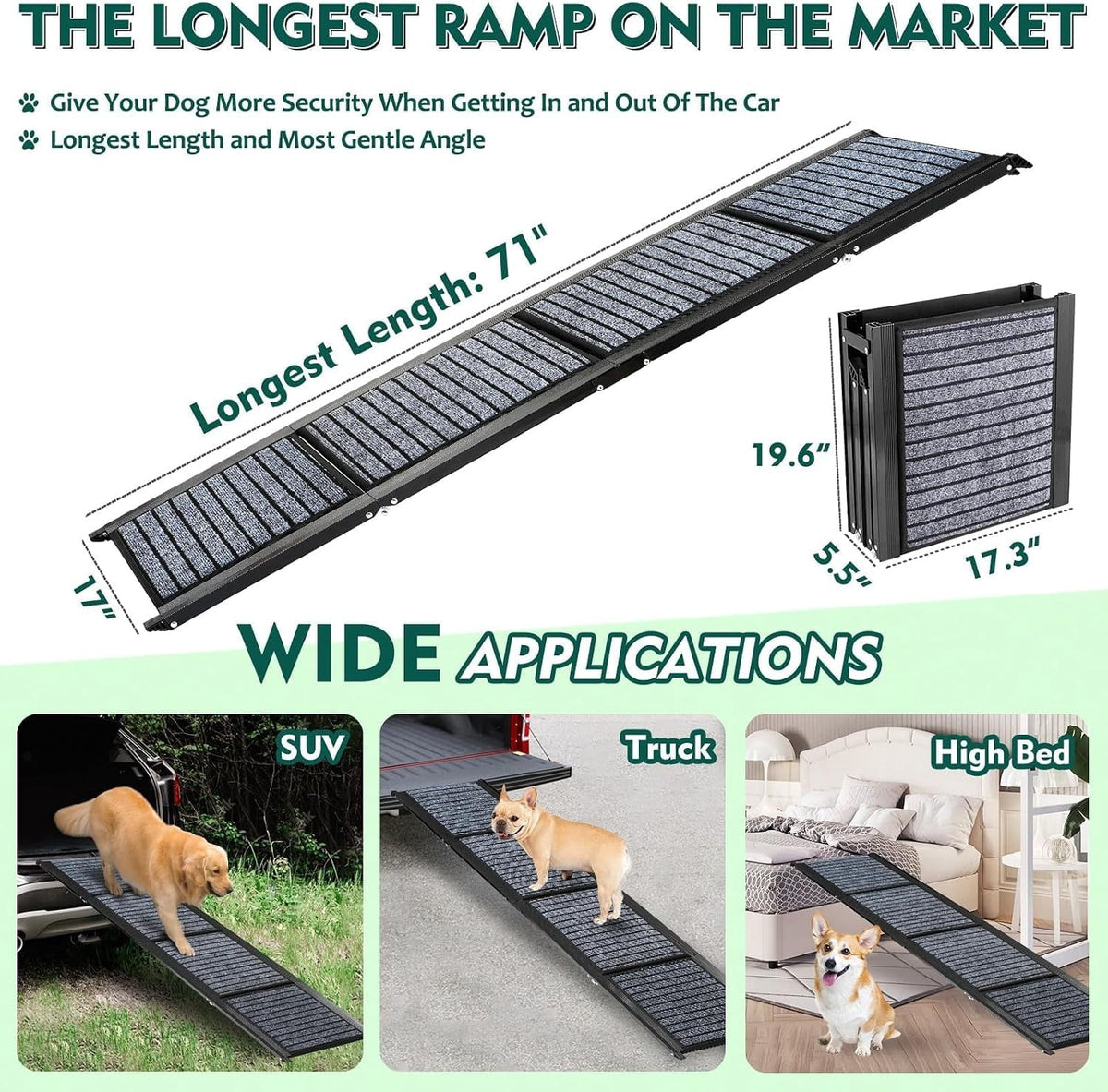 71" Foldable Dog Ramps for Large Dogs, Dog Car Ramp with Non-Slip Rug Surface, Pet Ramp Stairs Portable,Dog Steps for Medium & Large Dogs Up to 220