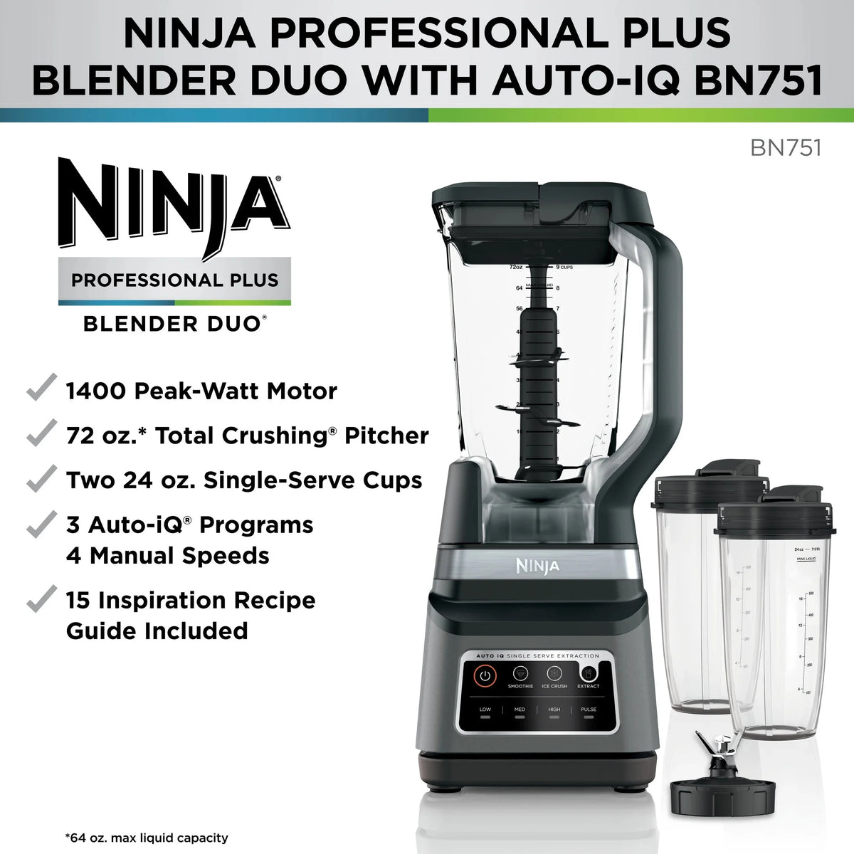 Ninja 1500 W 72 oz Blender, Black - BN751