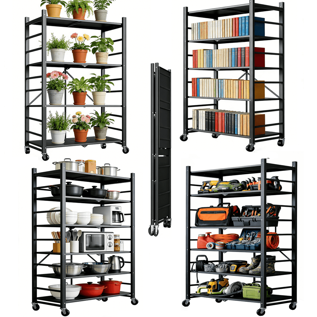 4-Tier Storage Shelving Unit, 397lbs Capacity Heavy Duty Metal Shelf , Foldable Storage Shelf with Wheels, Garage Shelf, Metal Storage Rack, Kitchen