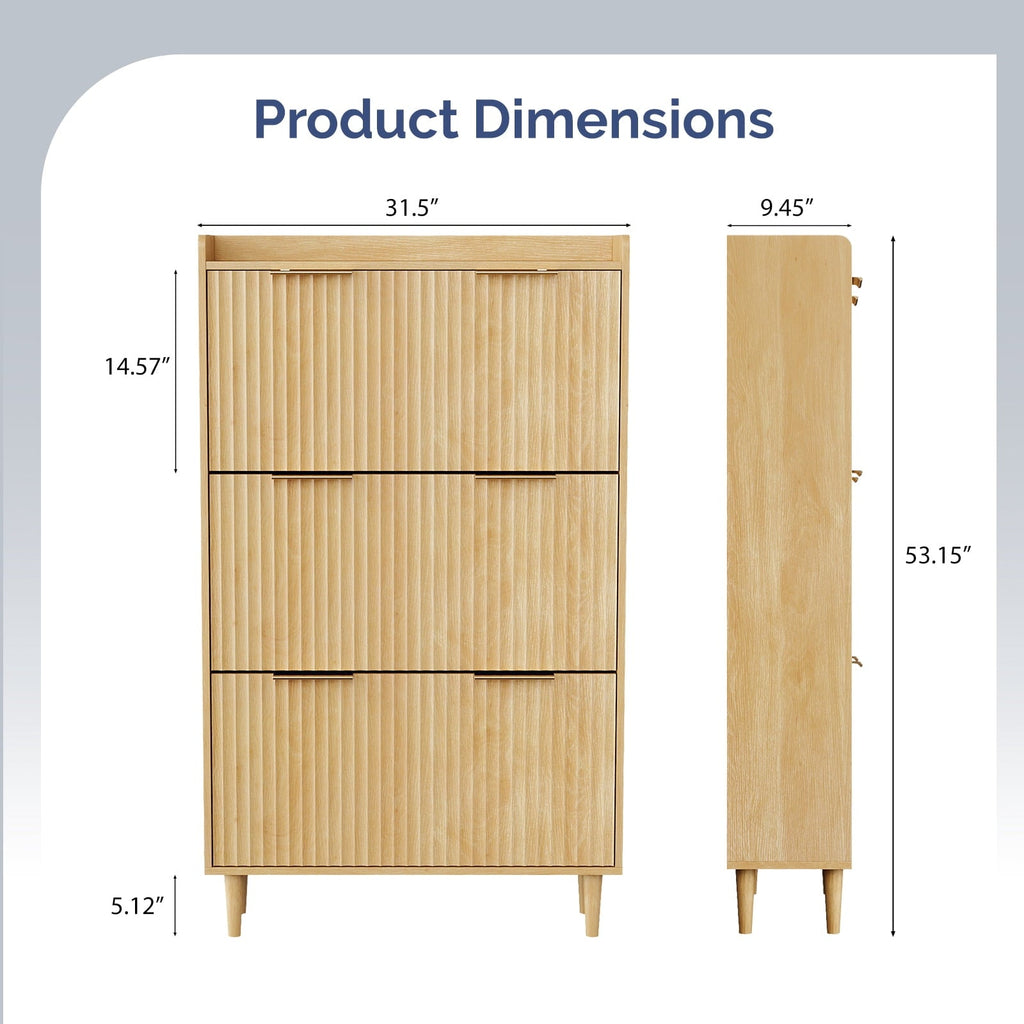 Ktaxon Fluted Shoe Cabinet with 3 Flip Drawers, Narrow Shoes Storage for Entryway, Oak