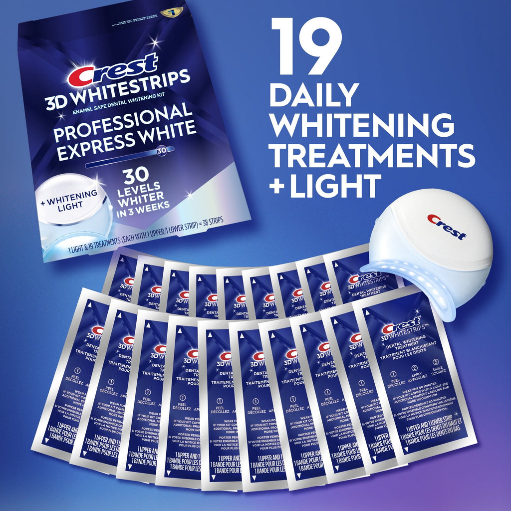 Crest 3DWhitestrips at Home Teeth Whitening Kit, Professional Express + Whitening Light, 1 Light + 19 Treatments, 38 Strips
