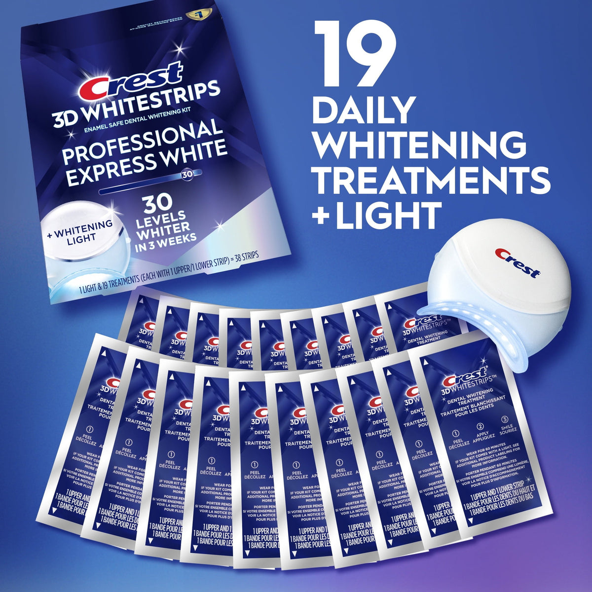 Crest 3DWhitestrips at Home Teeth Whitening Kit, Professional Express + Whitening Light, 1 Light + 19 Treatments, 38 Strips