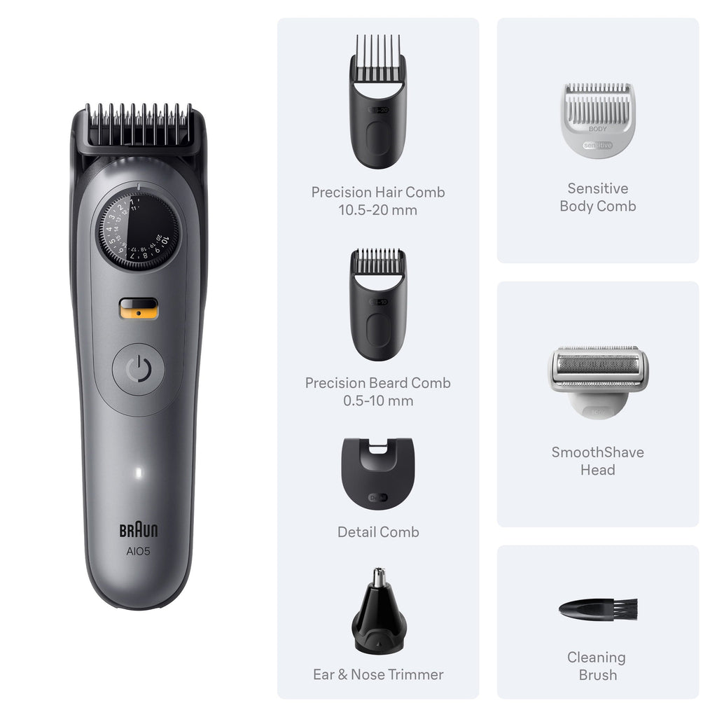 Braun All-in-One Series 5 Trimmer Kit, 40 Lengths, Ultra Sharp Blade, AIO 5510, Moonstone Grey