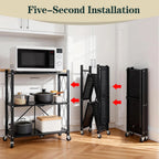 TAIMASI 3-Tier Foldable Metal Shelf with Wheels, Heavy-Duty Movable Wire Rack for Garage, Kitchen, Basement, Pantry Storage, 28''L x 13.4''W x