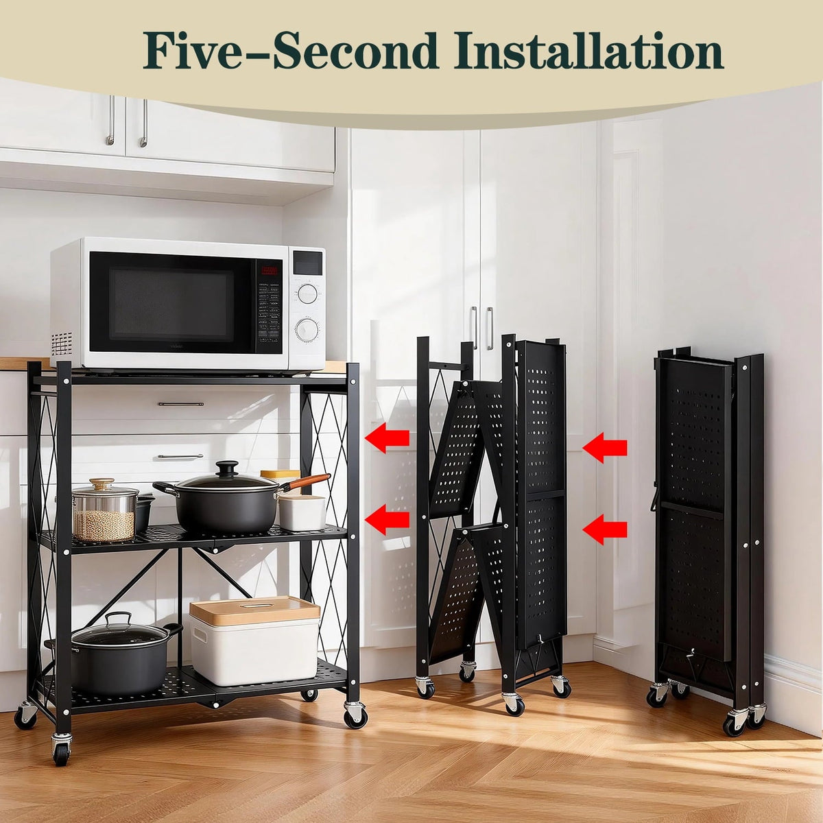 TAIMASI 3-Tier Foldable Metal Shelf with Wheels, Heavy-Duty Movable Wire Rack for Garage, Kitchen, Basement, Pantry Storage, 28''L x 13.4''W x