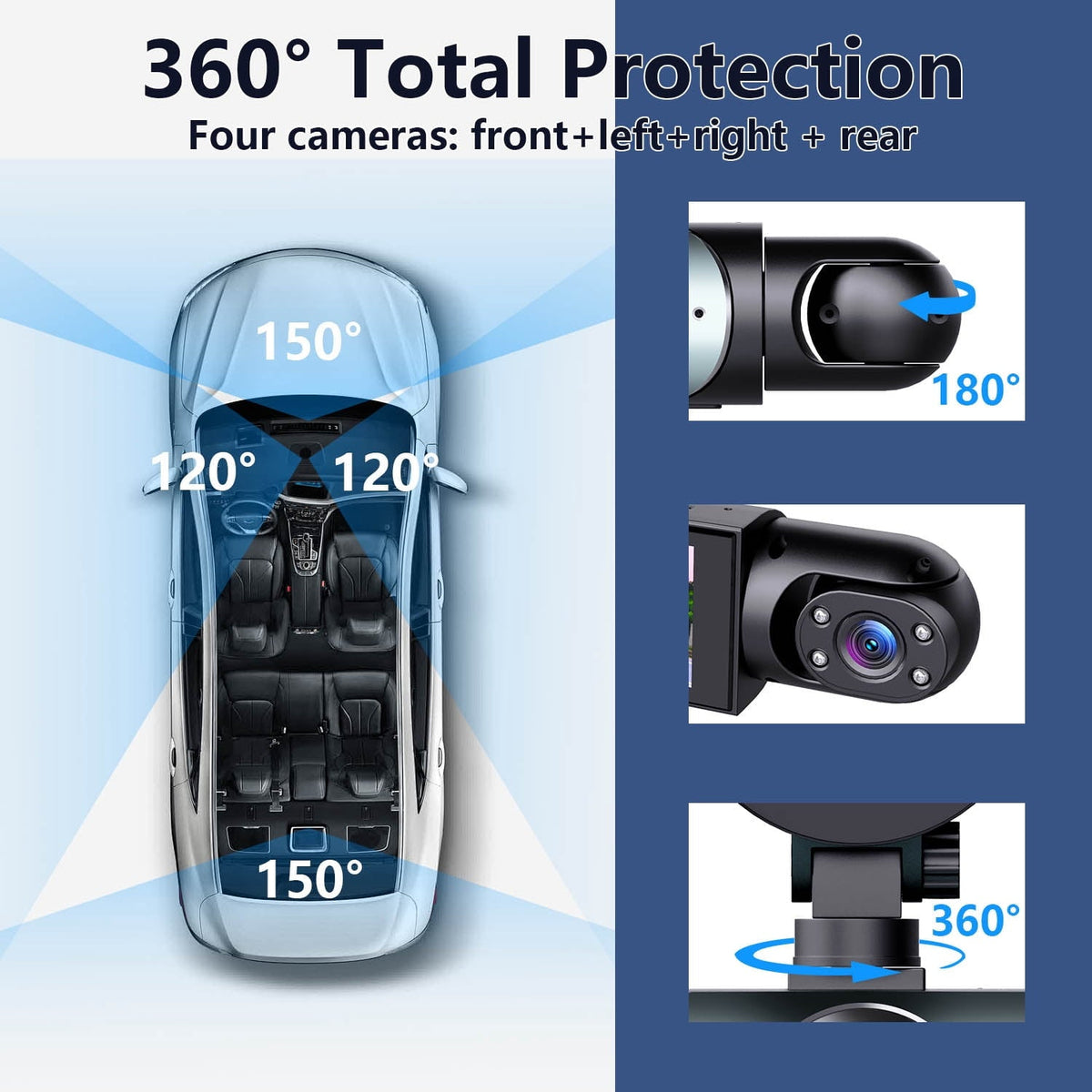 4-Channel Dash Cam with 1080P Front, Inside & Rear Cameras, Night Vision, HDR, G-Sensor, Loop Recording & 24HR Parking Mode