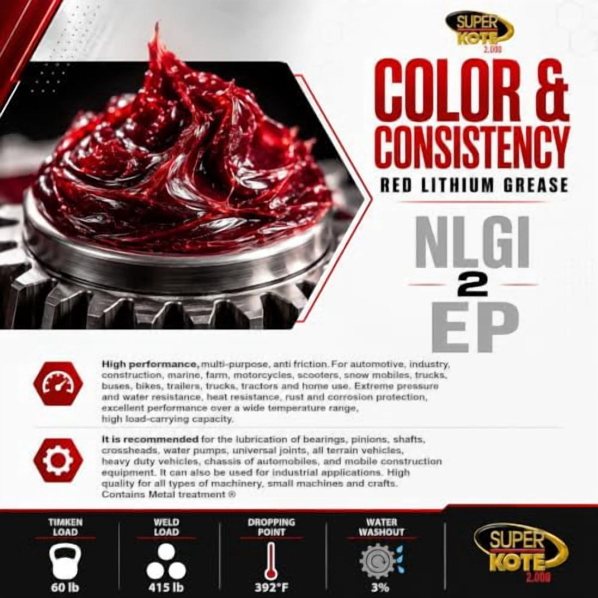 Red and Tacky Lithium Grease Superkote 2000 | NLGI 2 | EP Grease | Tube | High Temperature | Heavy Duty | Industrial | Construction | Automotive