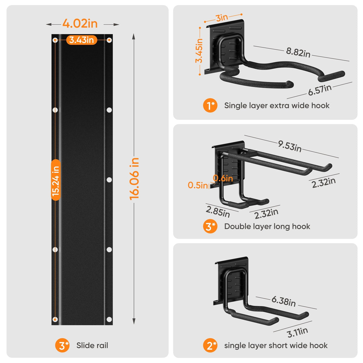 Riousery Garage Tool Organizer, Heavy-Duty Steel Wall Mount, 48-Inch Garage Organization Rack with 6 Adjustable Hooks for Garden and Yard Storage