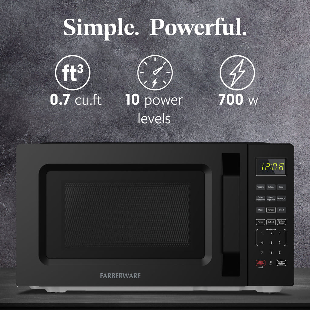 Farberware Countertop Microwave Oven, 0.7 cu ft, 700 W, Auto-Cook Menu, Black
