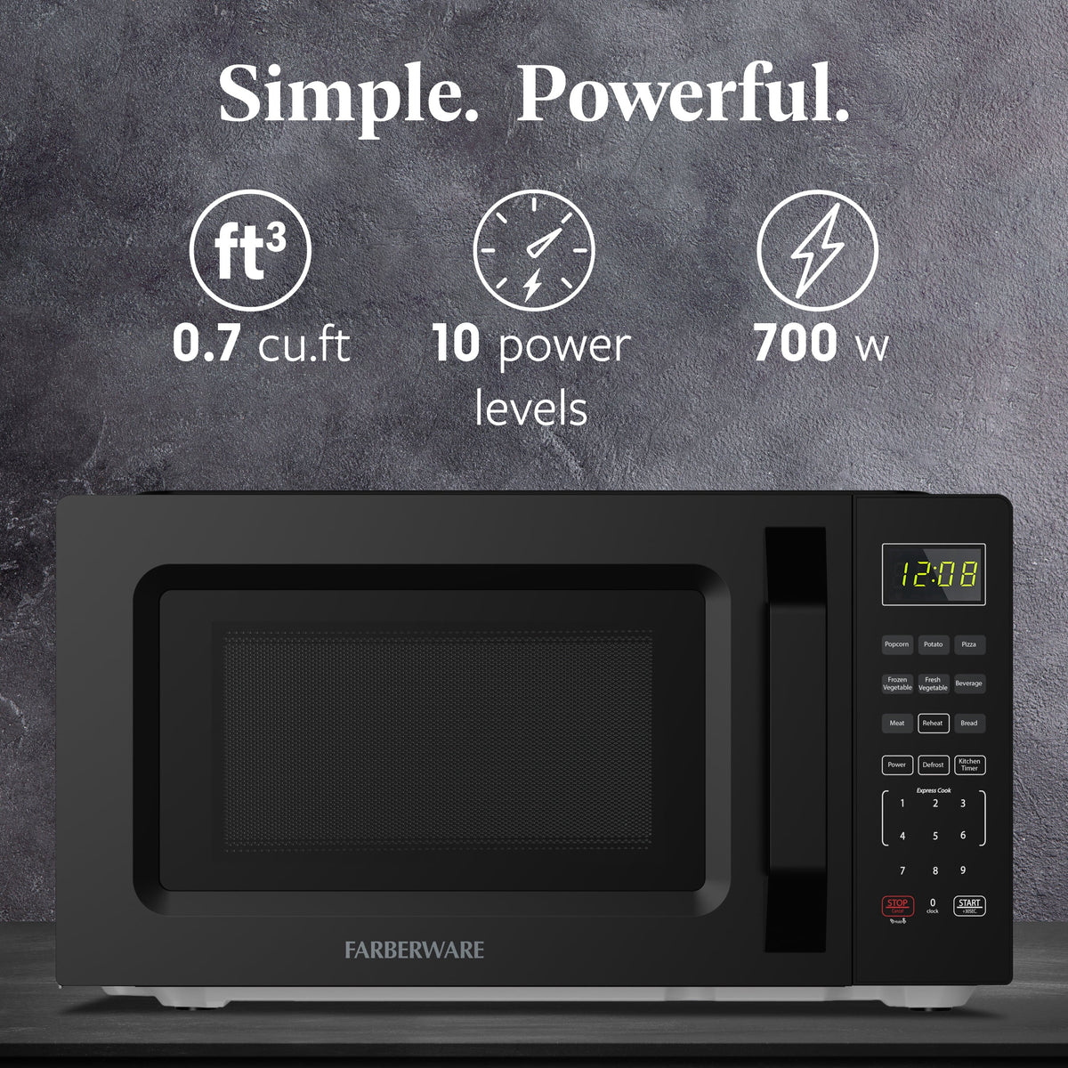 Farberware Countertop Microwave Oven, 0.7 cu ft, 700 W, Auto-Cook Menu, Black