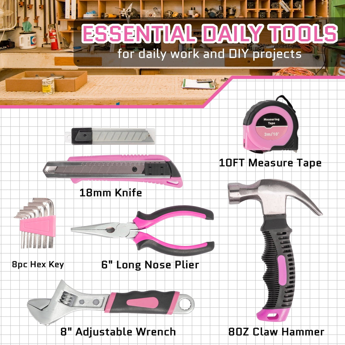 UBesGoo 146pcs Power Tool Combo Kits with 8V Cordless Drill, 10MM 3/8'' Keyless Chuck, Professional Home Household Kit DIY Hand Tool Set