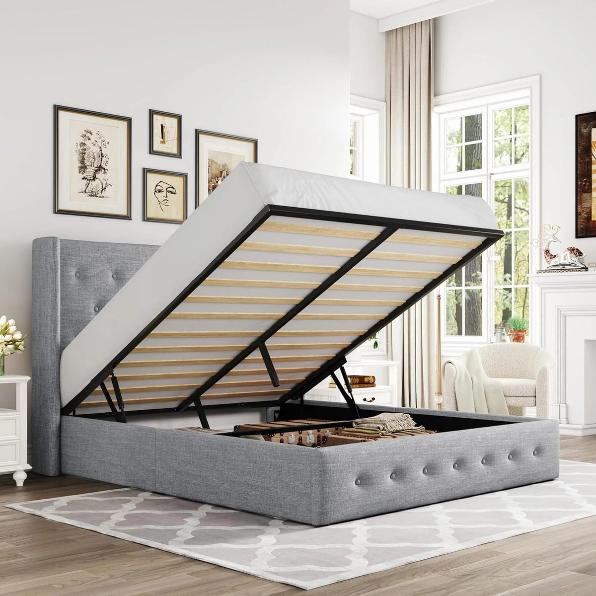 Allewie Queen Lift Up Storage Bed Frame With Wingback Headboard, Light Beige - 80.7 x 60.6 x 44.5 in