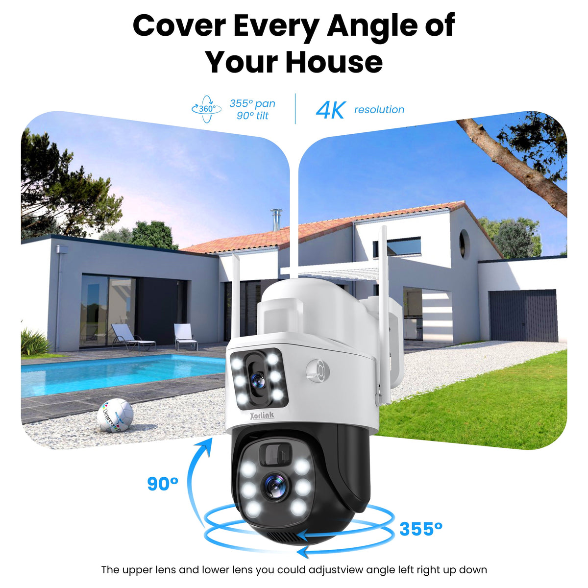 Xorlink 4K/8MP Solar Security Camera, 360° View Wireless Outdoor Camera, Waterproof PIR Detection, Rechargeable Battery Powered Home Dual Lens