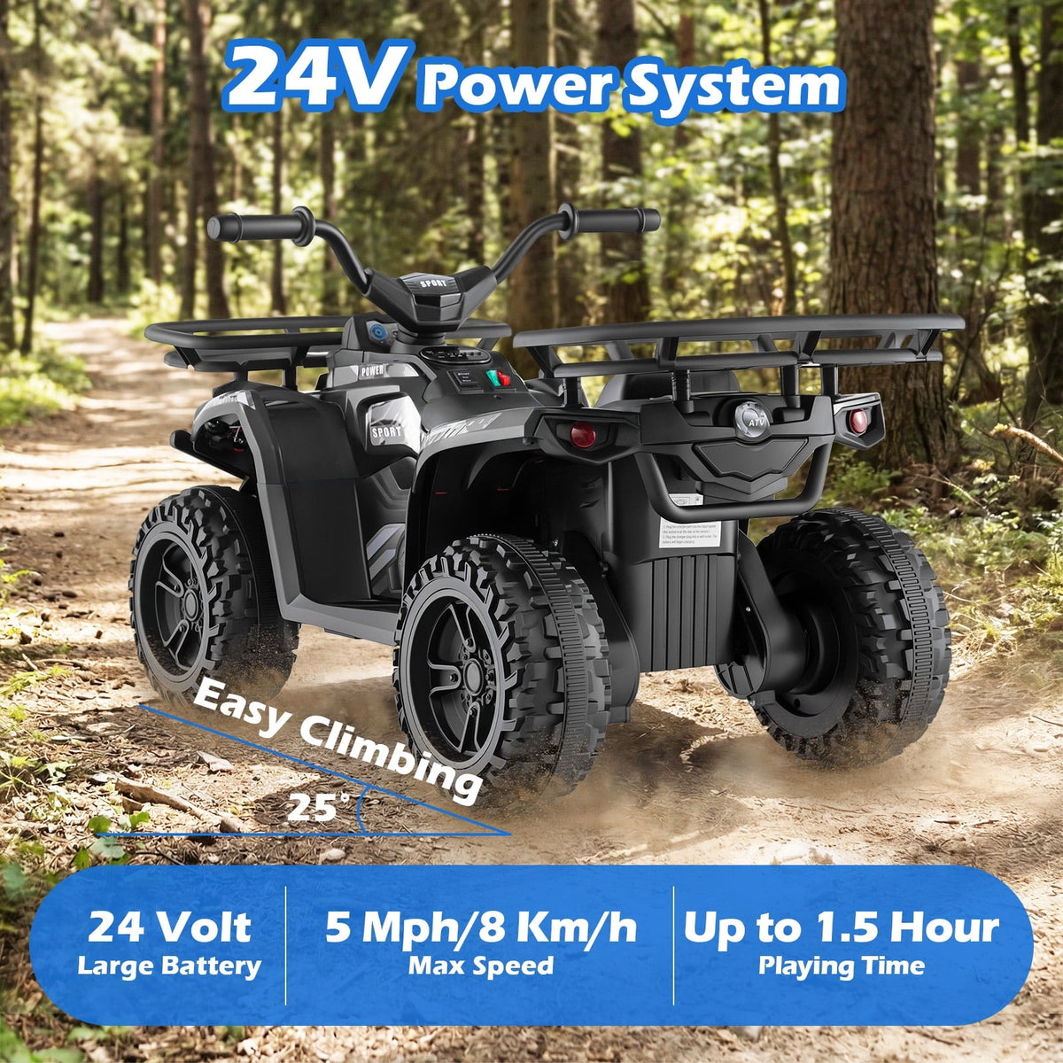 OLAKIDS 24V Kids ATV Quad with 5Mph Max Speed, Spring Suspension, LED Lights, Music & Story Player, Big Tires, 2 Storage Spaces, Ride On Car for Boys
