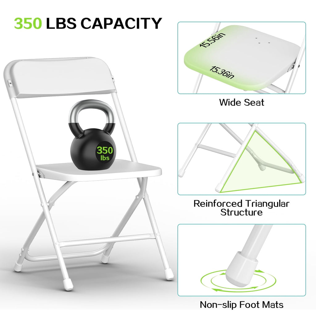 Capri White Plastic Folding Chair 10 Pack with Steel Frame, Hold up to 350 lbs, Indoor Outdoor Portable Stackable Event Chair Commercial Seat for